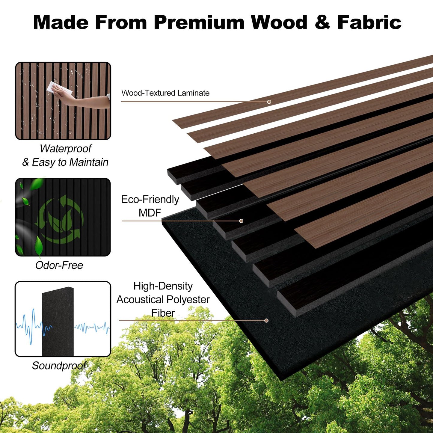 Fivaz 6 Pcs 94" × 11" Wood Panels for Wall, Soundproof Wood Slat Wall Paneling, Stylish Decor Acoustic Wall Panels for Wall and Ceiling, Odor-Free & Easy to Install, Dark Walnut