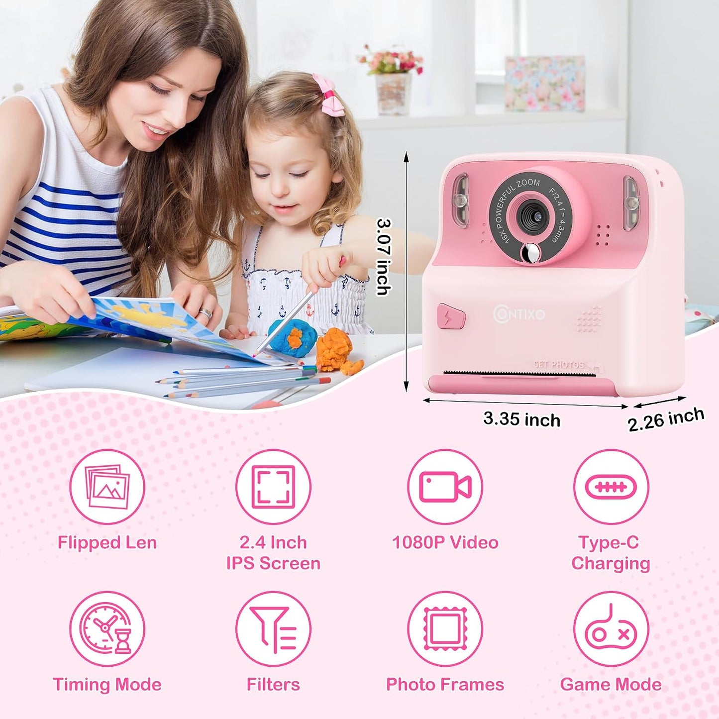 Contixo KC2A 2.4 12MP 1080P 3 MP3 412 Kids Instant Print Camera with Screen, Photo, Video, Print Rolls, Player, Type-C