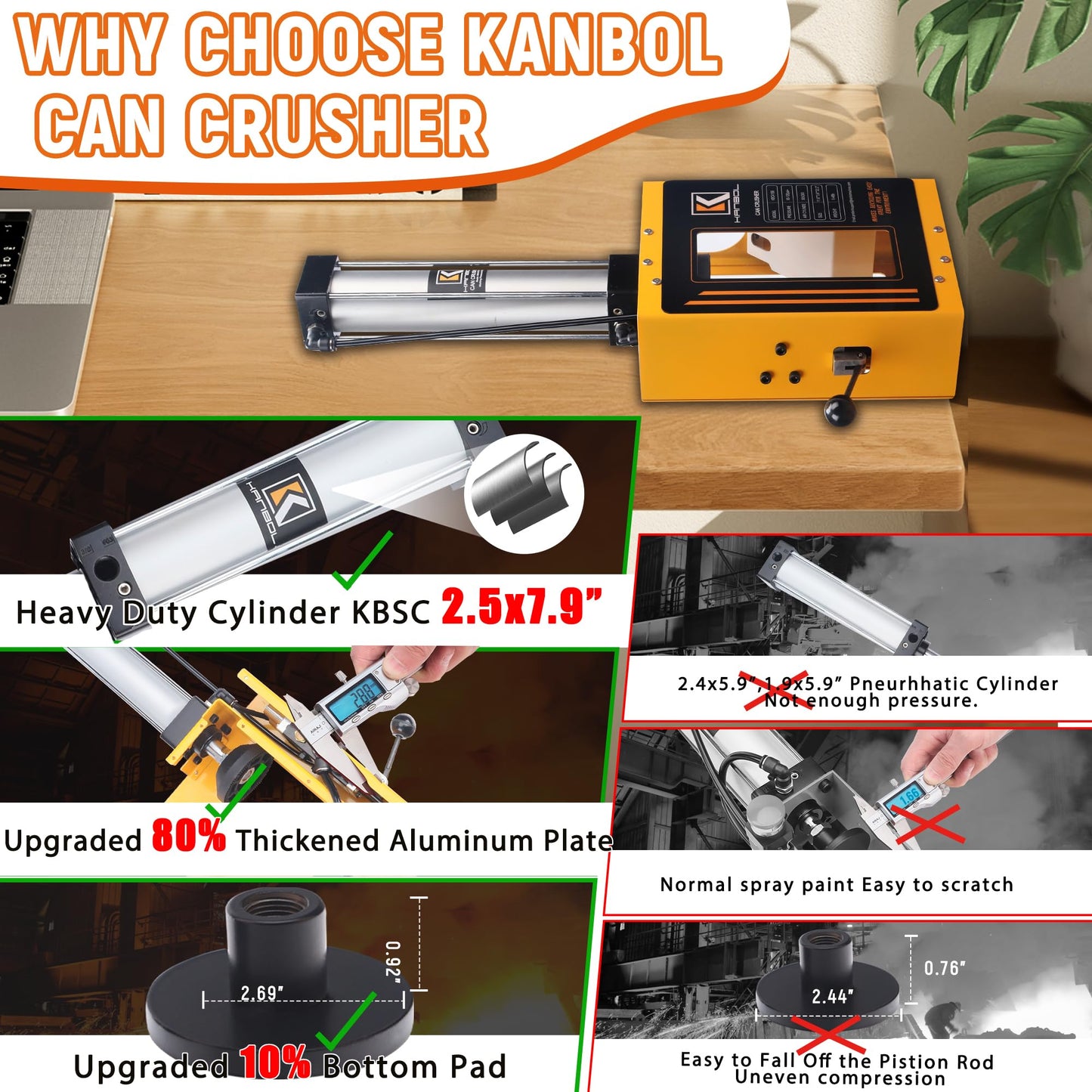 KANBOL Yellow Air-Powered Can Crusher – Fully Enclosed Design for Safe 12oz/16oz Aluminum Can Crushing – Wall Mount Recycling Tool