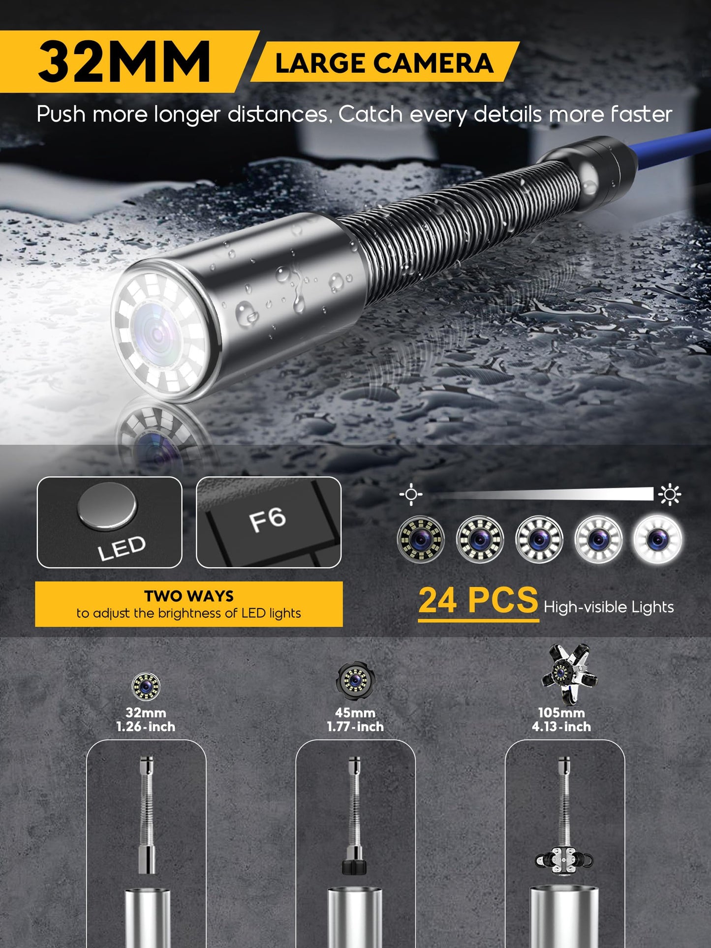 Anysun Sewer Camera Self Leveling with 512Hz Sonde, 9MM 330Ft Thicker Cable w/Wheel, 32MM IP68 Camera, Distance Counter, 1-Touch Video/Audio, 10" Adjustable Screen, Pipe Inspection Camera w/ 32G Card