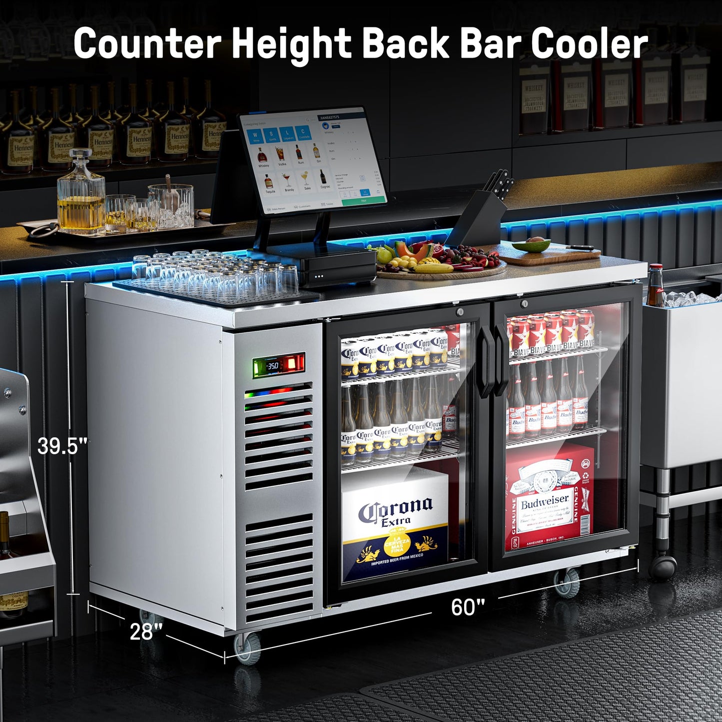 Coolake 19.4 Cu.Ft. Commercial Back Bar Cooler, 60” Stainless Steel Top Counter Height Back Beverage Refrigerator, 33-41℉, 2 Glass Doors Beverage Cooler for Beer Ales Soda