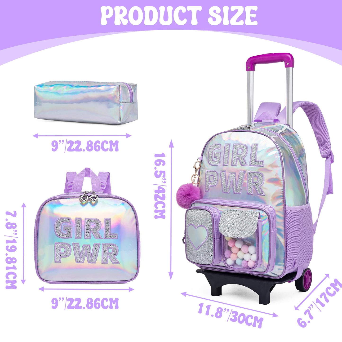 Meetbelify Rolling Backpack for Girls Backpack with Wheels for Elementary Student Kids School Bag with Lunch Box Pencil Case for Girls Ages 6-8 Years Old
