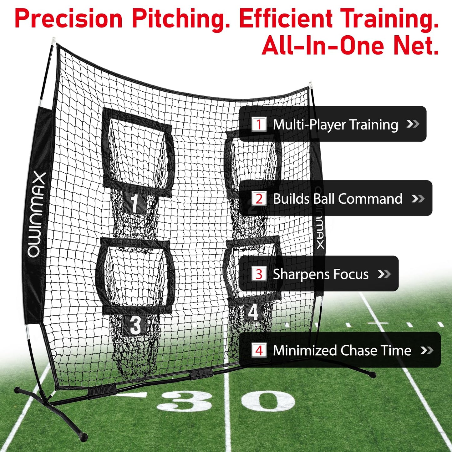 Owinmax 6x6 ft Football Trainer Throwing Net, Training Target Practice with 4 Targets, Includes Carry Bag and Ground Stake, Black and Red, Great for Kids and Youth