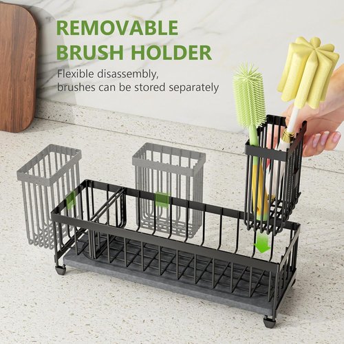 Cisily Extra Large Sink Caddy Organizer - Black Sponge & Dish Brush Holder for Kitchen Storage