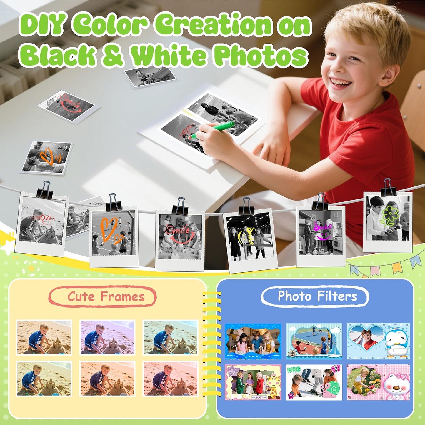 WEEFUN 2.4 Inch 1080P 16X 32GB 4 5 6 7 8 9 10 Kids Camera Instant Print, Safe Toddler Camera, Screen, with Zoom, TF
