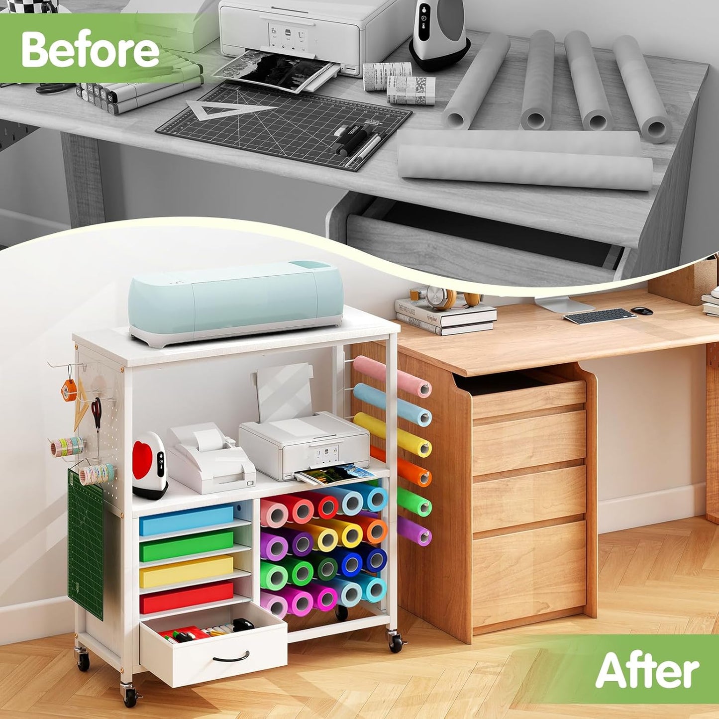 Skiennix Craft Storage Cart - Mobile Organizer with Vinyl Roll Holder & Drawers | Ideal for Studios & Offices