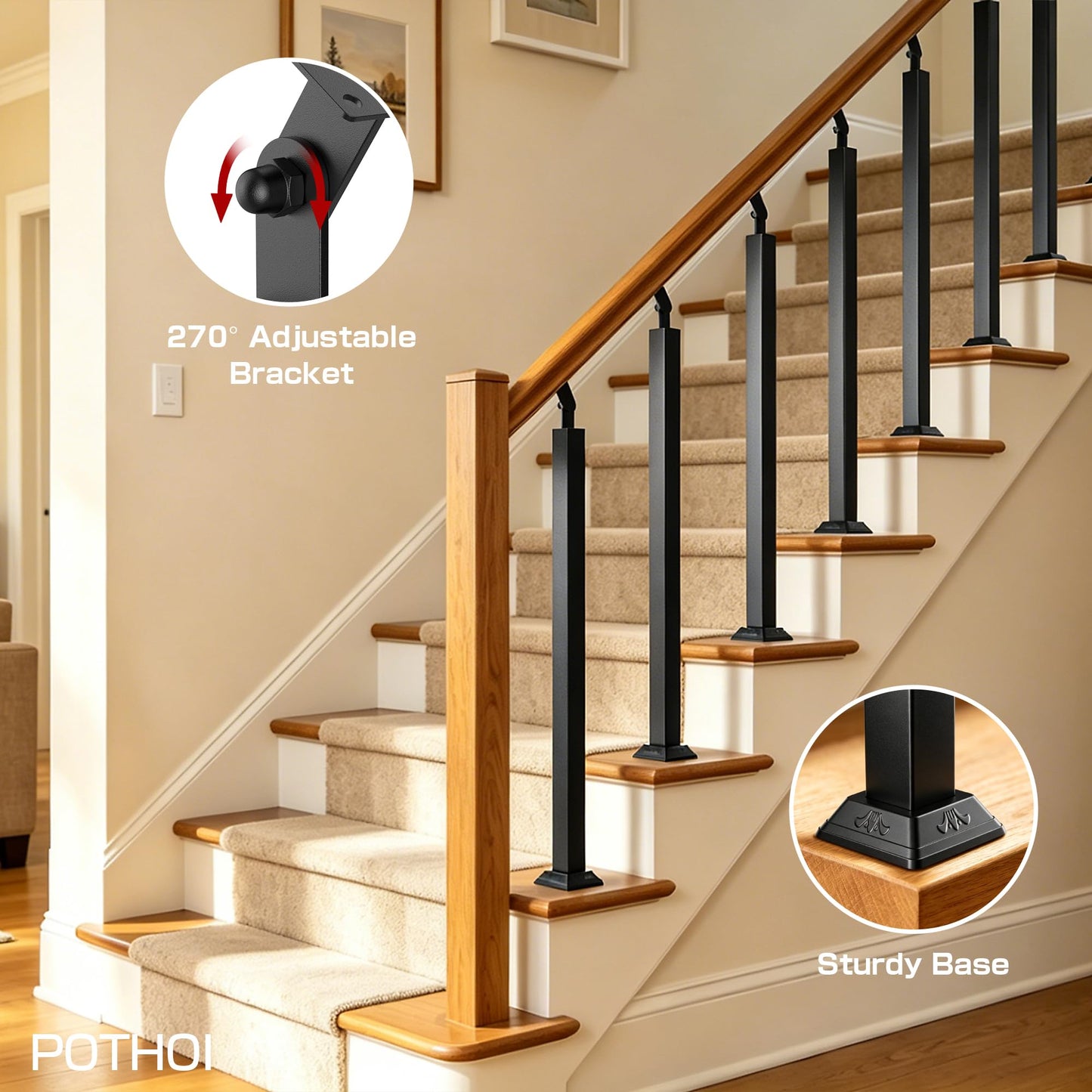 Front Mount Stair Railing Post, 33.46 Inch Black Metal Baluster Spindles with 270° Adjustable Bracket for Indoor Stairs, Deck, Porch & Balcony Railing