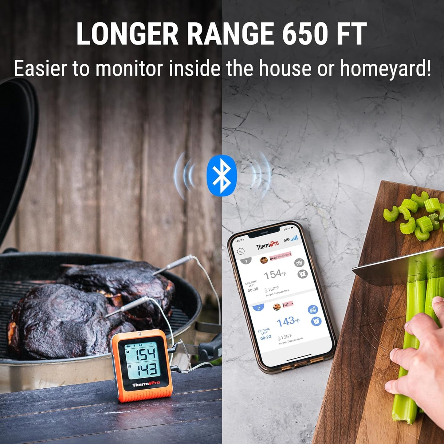 ThermoPro Wireless Meat Thermometer - 650 ft Range, Bluetooth Probes for Grilling & Smoking, Rechargeable BBQ Accessory