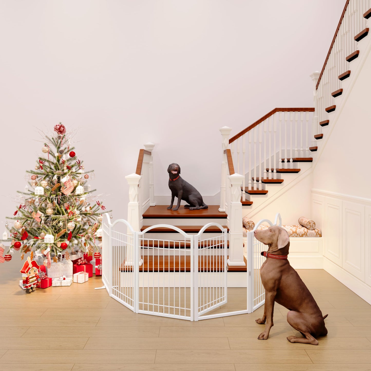 BHG Metal No-Assembly Freestanding Dog Gate with Door Walk Through, Extra Wide 144", Extra Tall 32" Pet Gate, Accordion Puppy Folding Playpen Dog Fence, with 2PCS Support (White, 6 panesl)