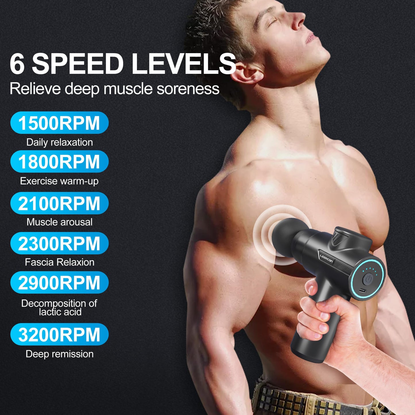 LEERCON Mini Massage Gun for Deep Tissue Pain Relief, Handheld Portable Percussion Muscle Massager with 6 Speeds & 4 Heads, Fascial Gun for Gym, Office & Travel - Gift for Dad, Mom, Athletes