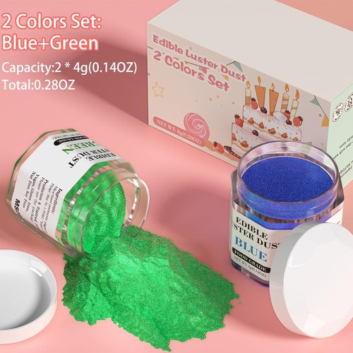 Cherrysea Luster Dust Edible Set | 2 Colors Food Grade Shimmer Powder for Cakes & Cocktails - 4g Bottles (Blue & Green)