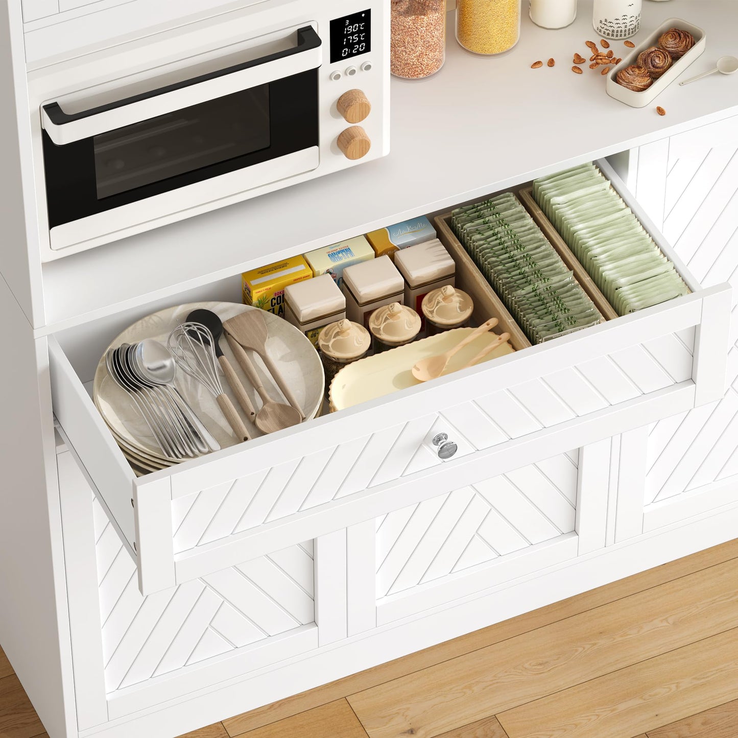 BOTLOG 72” Tall Kitchen Pantry Storage Cabinet, Modern White Kitchen Hutch with Large Storage Drawer, Countertop, Adjustable Shelves, Food Pantry Cabinets for Dining Room, Living Room