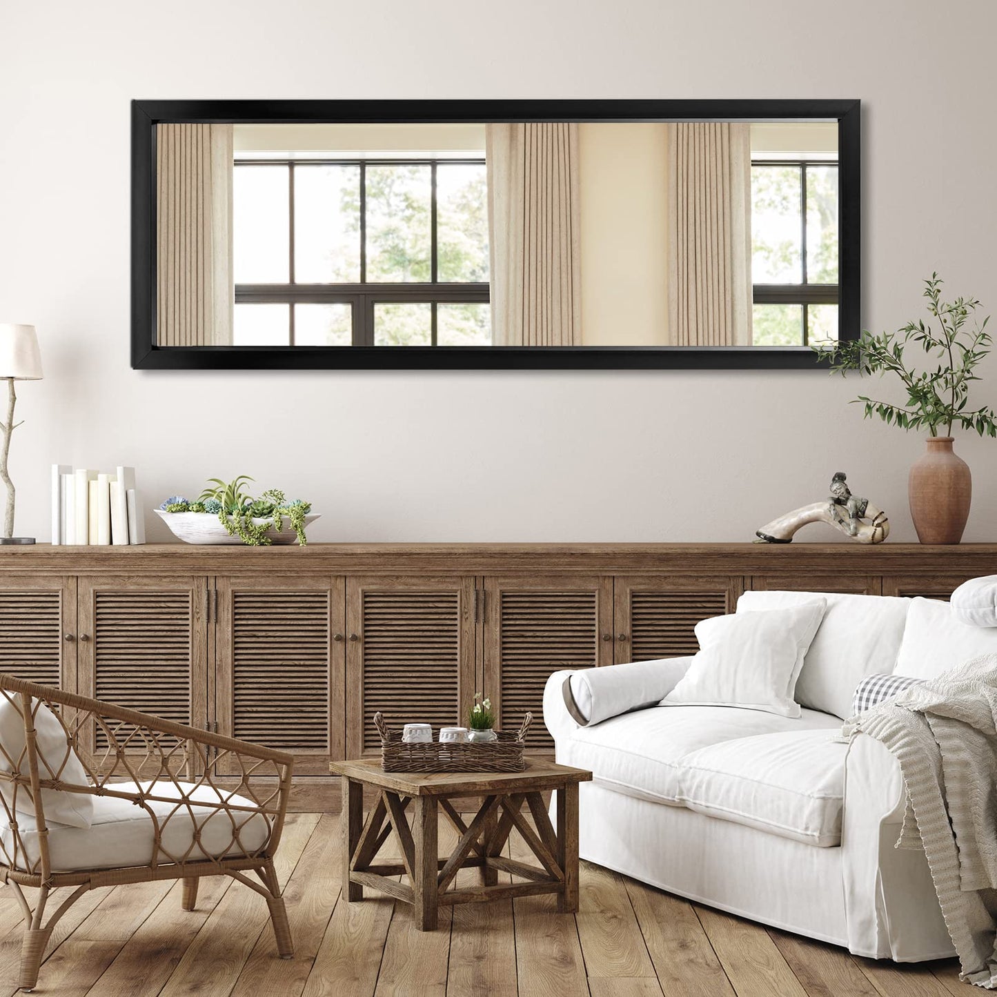 Natsukage Wall Mirror Full Length Mirror Wall Mounted Mirror Full Body Mirror Dressing Mirror for Bathroom/Bedroom/Living Room Polymer Thin Frame No Stand (Black, 43'' x 16'') JJ01002AAF-N-USAM022