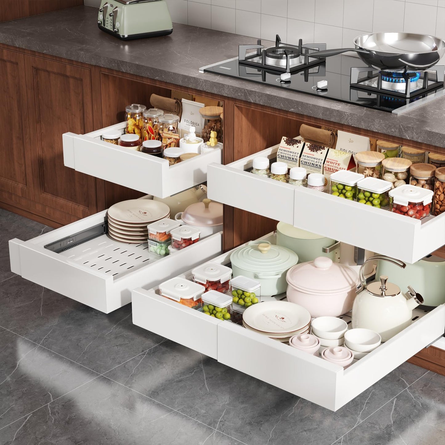 Seinloes 1 Pack Pull Out Cabinet Organizer Expandable Width(13"-21") and Depth(17"-24"), Slide Out Drawers With Raising Pad for Framed Cabinets, No Drill Roll Out Shelves for kitchen, Bathroom, White