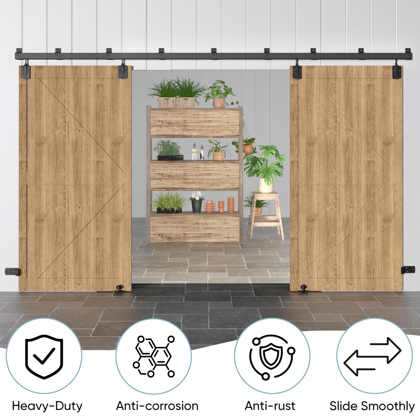 BarnBase 14FT Heavy Duty Box Rail Exterior Barn Door Hardware Kit, Sliding Door Hardware, Outdoor Barn Door Hardware Kit for 2 Doors(Door not Include), 450 lbs Capacity, Black