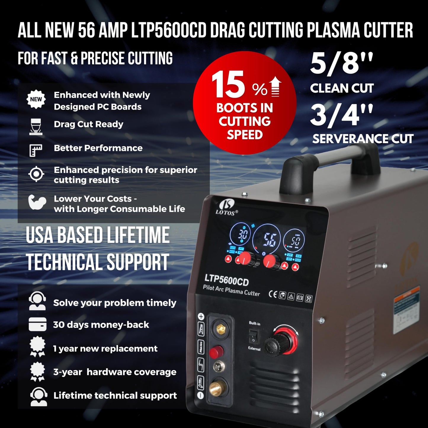 LOTOS Apex LTP5600CD Plasma Cutter with Built-In Air Compressor, 56A, 5/8" Clean (3/4" Sever), Drag-Cut Ready, Non-Touch Pilot Arc, App-Style LED Panel, Upgraded Torch, 1/2" Max with Internal Air