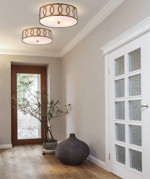 JONATHAN Y 12.25" Brass Gold 2-Light Modern Metal LED Flush Mount Ceiling Light for Bedroom Hallway, White Linen Drum Shade with Geometric Fretwork, LED Bulbs Included JYL3502A