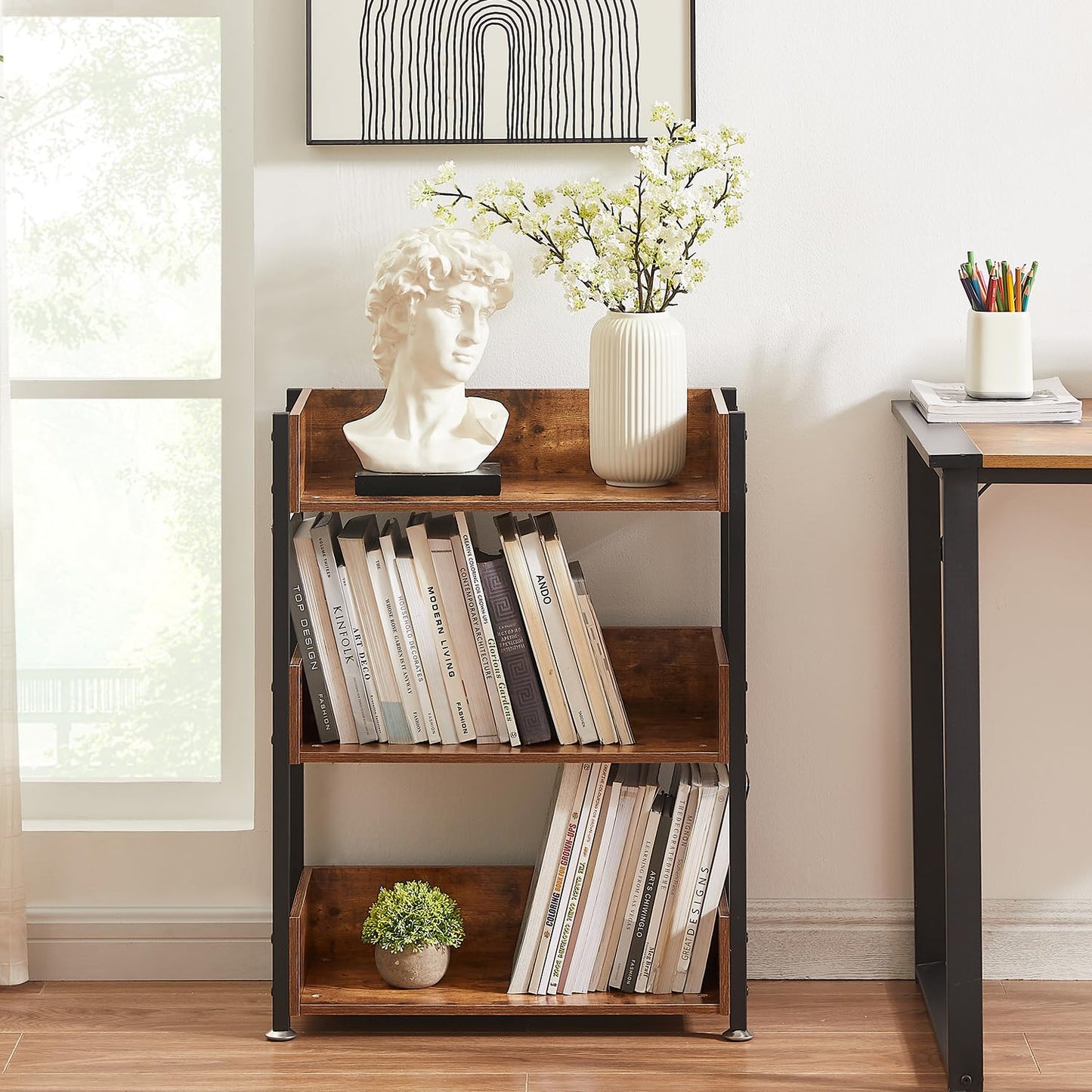 VECELO Bookshelf,Small Bookcase,3-Tier Storage Organizer,Industrial Shelving Unit for Home Office,Living Room,Dormitory,30" H,Retro Brown