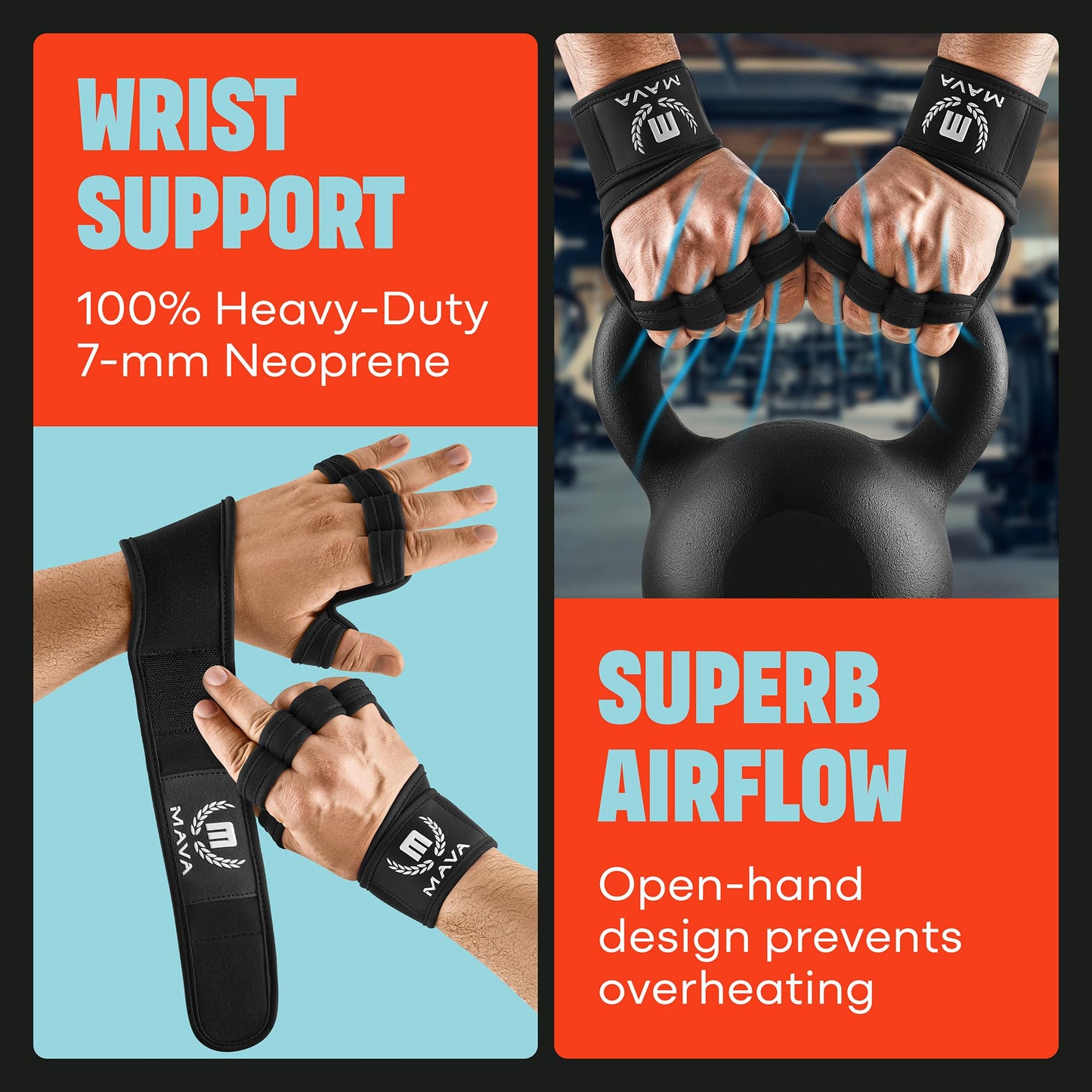 Mava Sports Open Gym Gloves with Integrated Wrist Support – Padded Weight Lifting Gloves for Men & Women – Silicone Grip Fingerless Workout Gloves for Cross Training & Fitness – 1 Pair