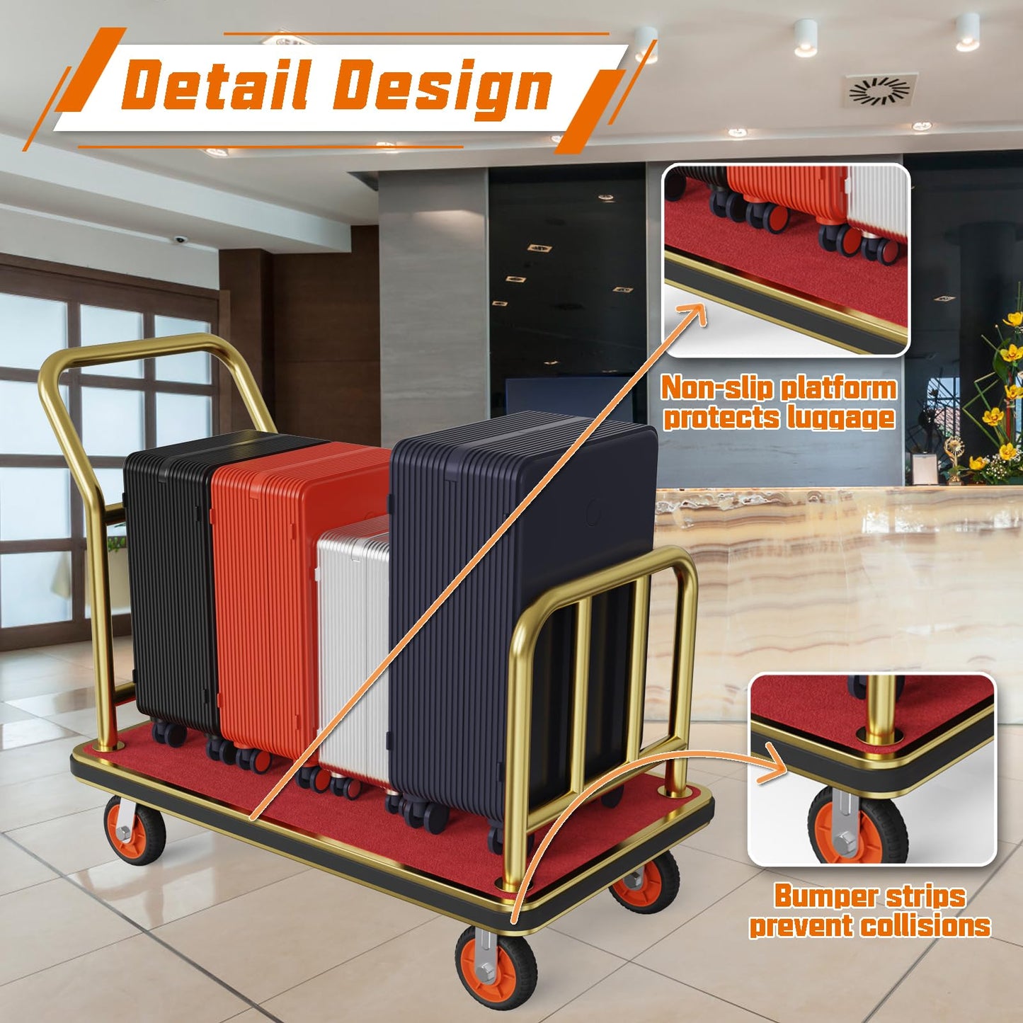 Fauenpeey Gold Hotel Metal Classic Luggage Cart 42"x24" Bellman Cart Baffle Guardrail Weight Capacity Up to 850 lbs