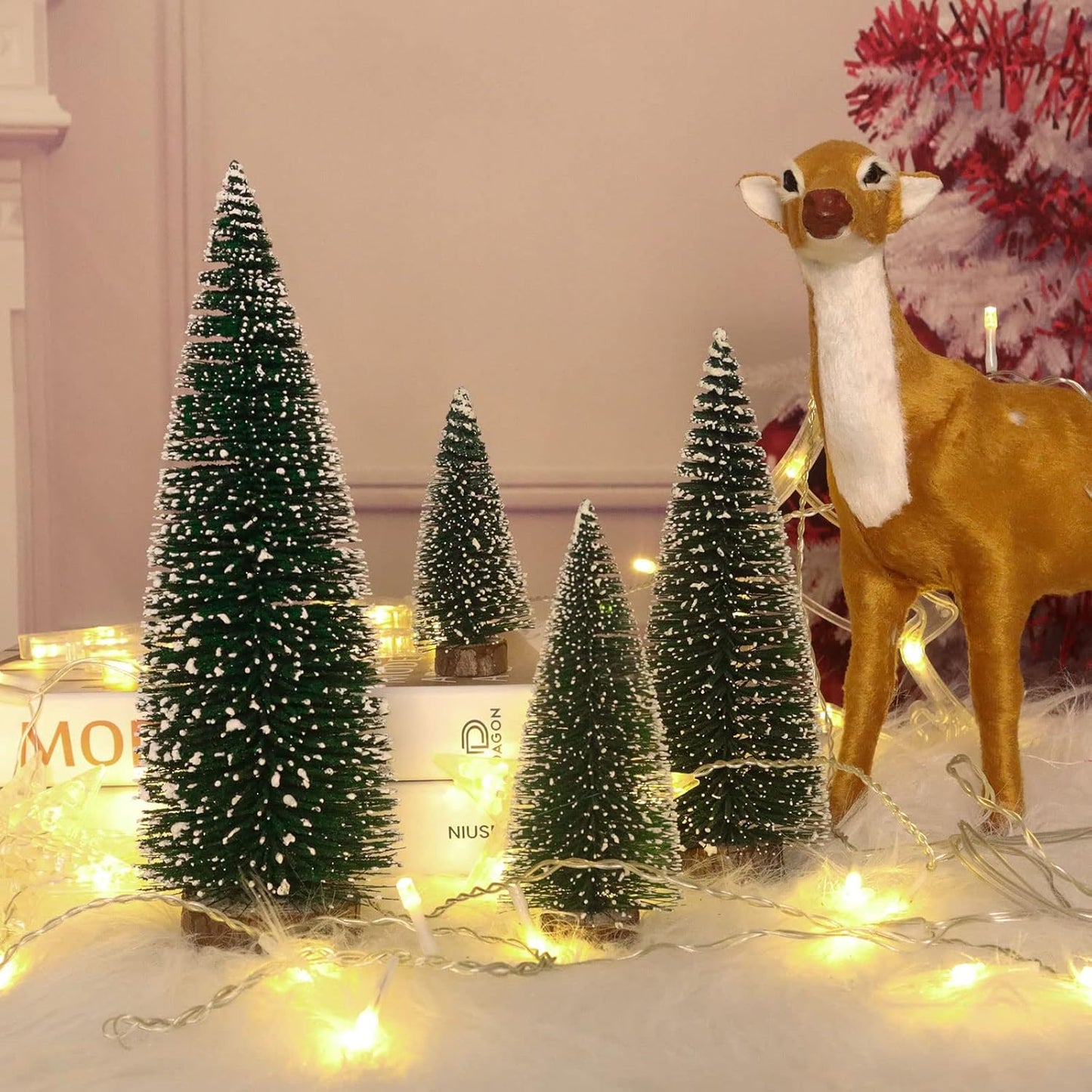 Skiennix Mini Christmas Tree - Small Pine Tabletop Decor with Wooden Bases | Green (Set of 4)