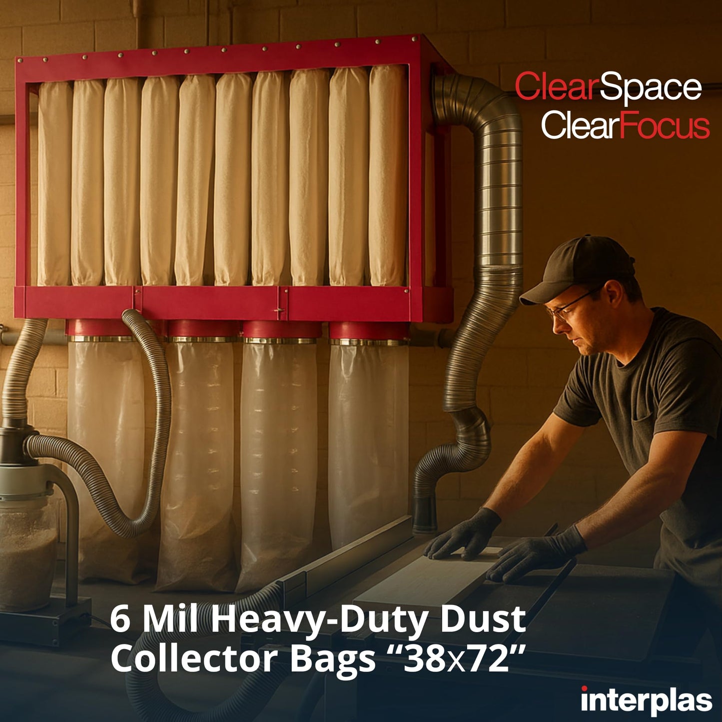 Interplas Dust Collector Bags – 6 Mil Heavy-Duty Clear Plastic Bags 38" x 72" (45 Count) for Dust Collection Systems – Tear-Resistant, High-capacity industrial dust removal