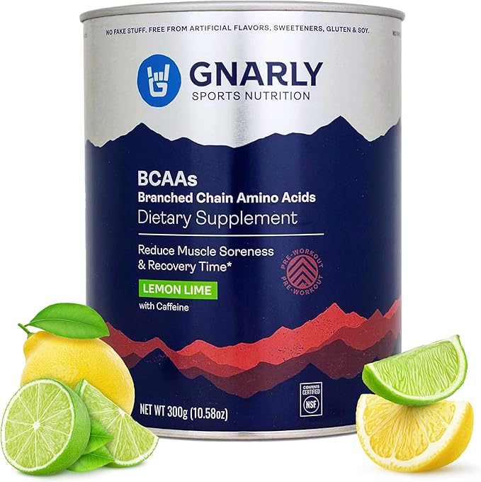 Gnarly Nutrition BCAA Powder, Lemon Lime ??Pre-workout BCAAS Amino Acids ??NSF Contents Certified ??Supplement to Support and Rebuild Muscle ??Lemon Lime with Caffeine, 10.58 oz