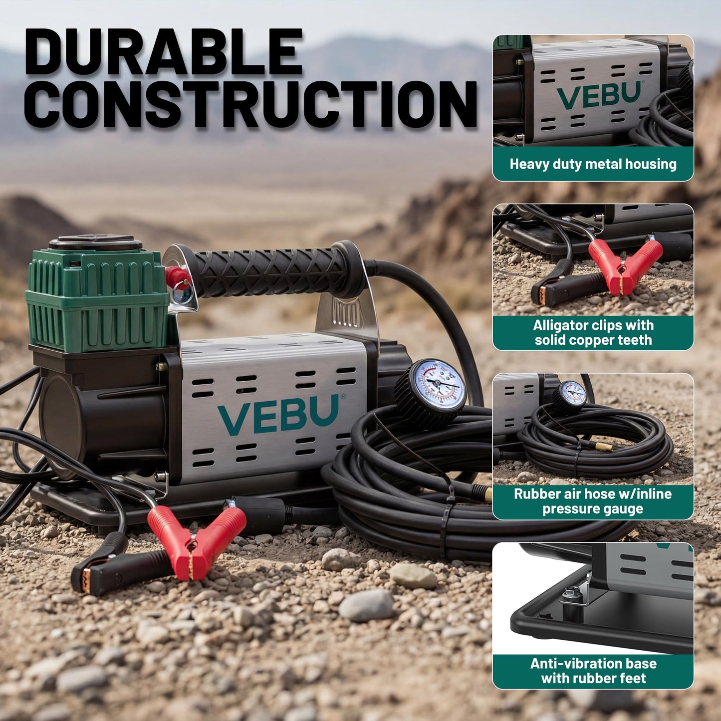 VEBU 12V Air Compressor, 125PSI Tire Inflator with In-line Pressure Gauge, 5.65CFM Fast Inflation for Off-road Vehicles, Trucks, SUVs, RVs, ATVs, DC Power, Corded Electric