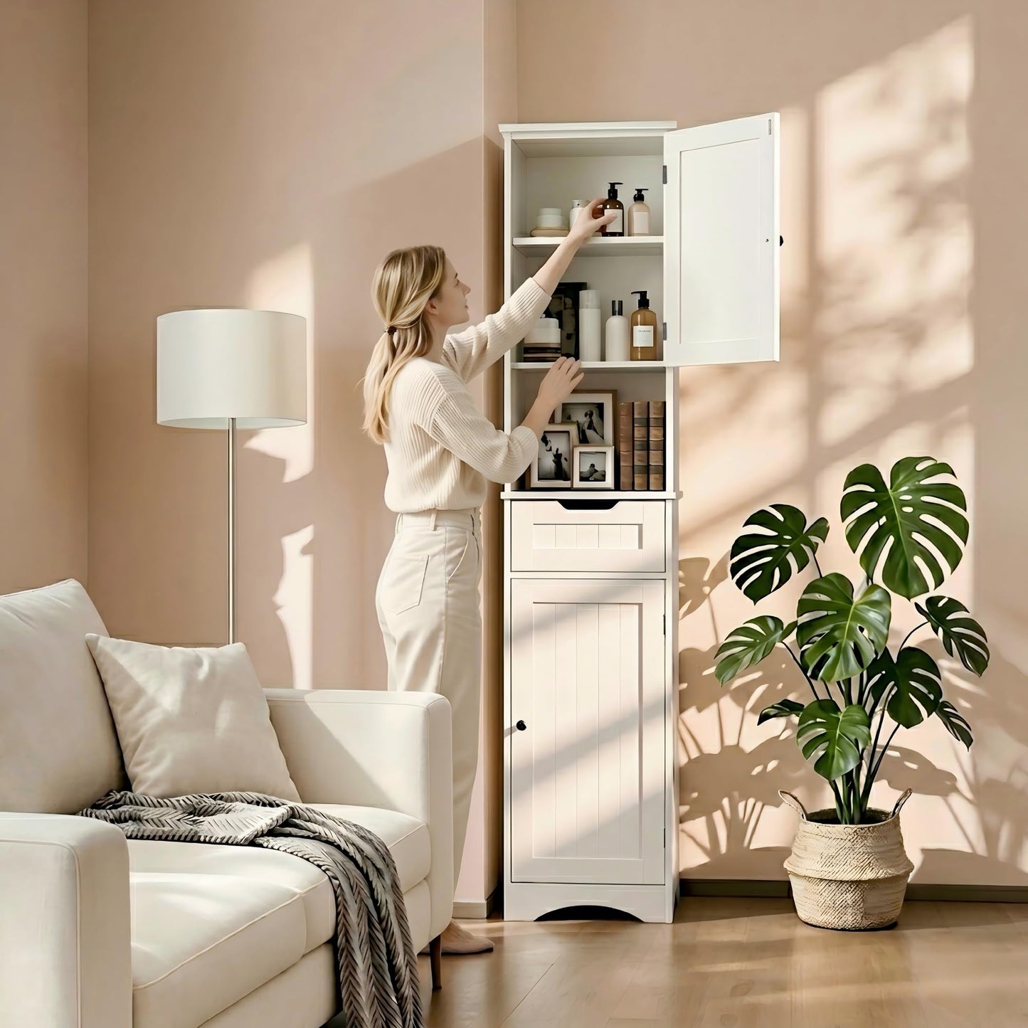 Gizoon 67" H Tall Bathroom Storage Cabinet, Narrow Storage Cabinet with 2 Doors & Drawer, Towel Cabinet with Freestanding Adjustable Shelves for Small Spaces, Kitchen, Living Room, Anti-Tipping, White
