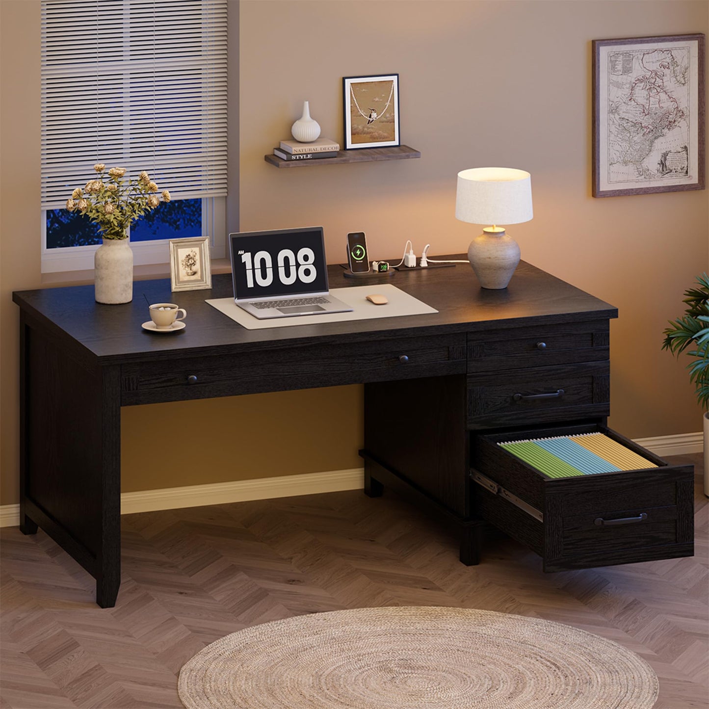 GarveeHome Farmhouse Executive Desk with Drawers, 53.54 in Home Office Desk with Charging Station, Wooden Computer Desk with File Cabinet Storage for Work Study Writing, Rustic Black