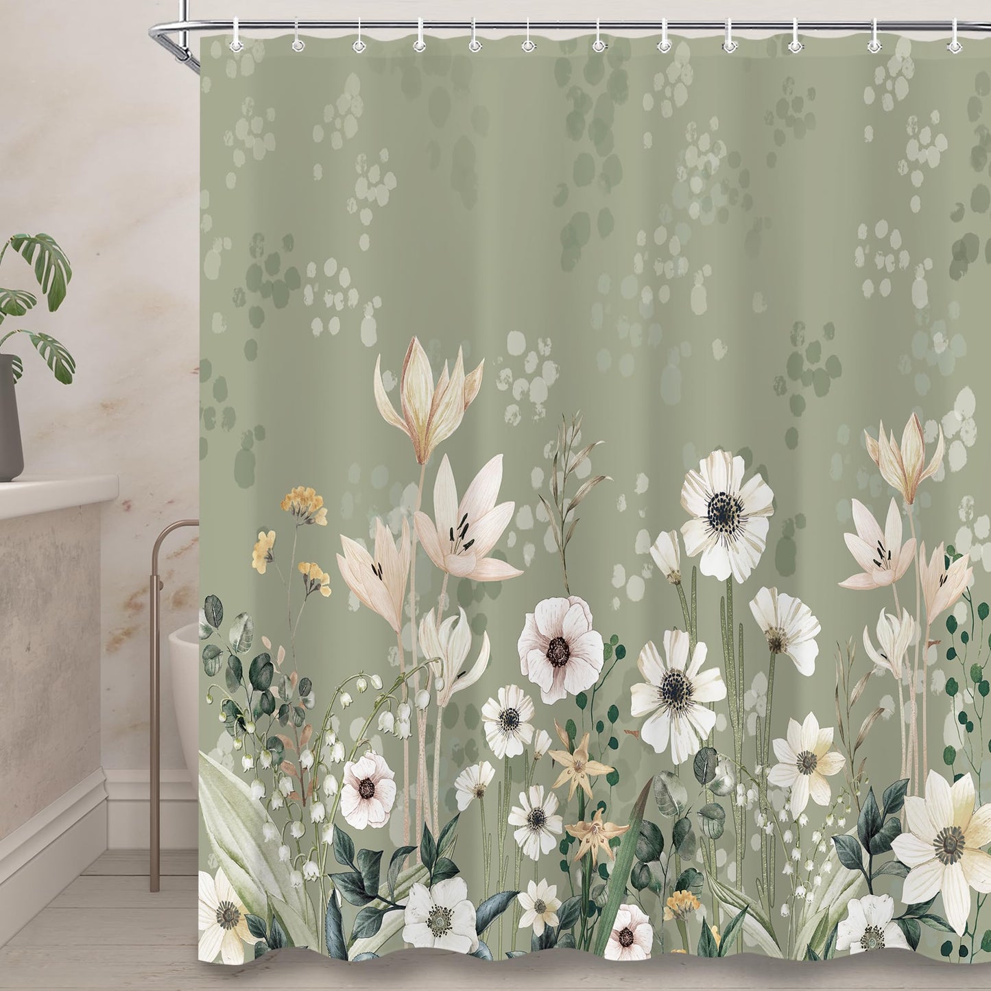 oolygoo Green Boho Floral Shower Curtain 60"X72" Flower Shower Curtain Set for Bathroom Plant Botanical Leaves Chic Pretty Waterproof Bathtub Curtain Decor Wildflower Bathroom Curtain with 12 Hooks