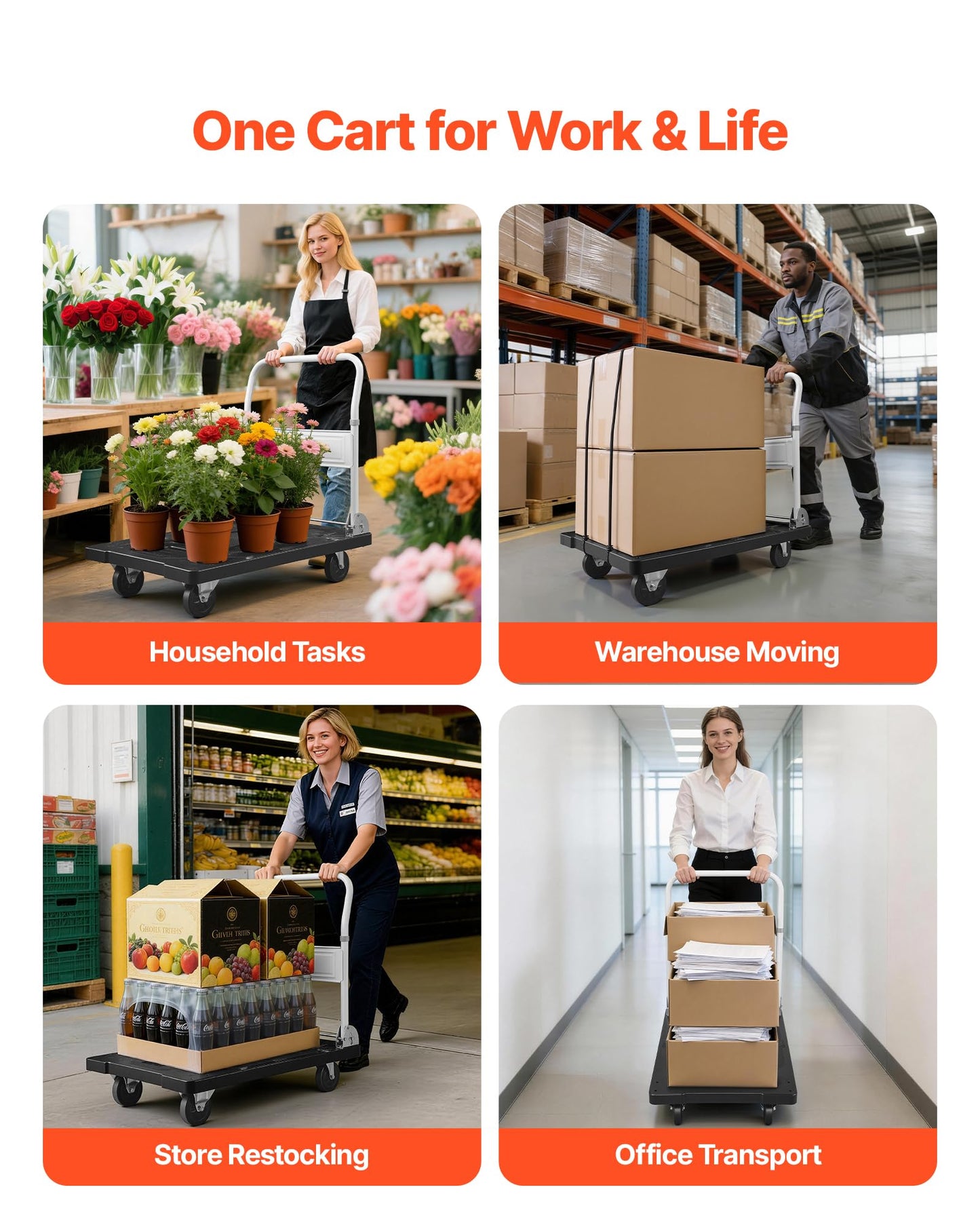 VEVOR Foldable Push Cart Dolly, 660 lbs Capacity, Folding Platform Truck with Swivel Wheels, Moving Platform Hand Truck Flatbed Cart, Space Saving Push Handle, for Easy Storage, 35.2 x 23.4 x 33.5 in