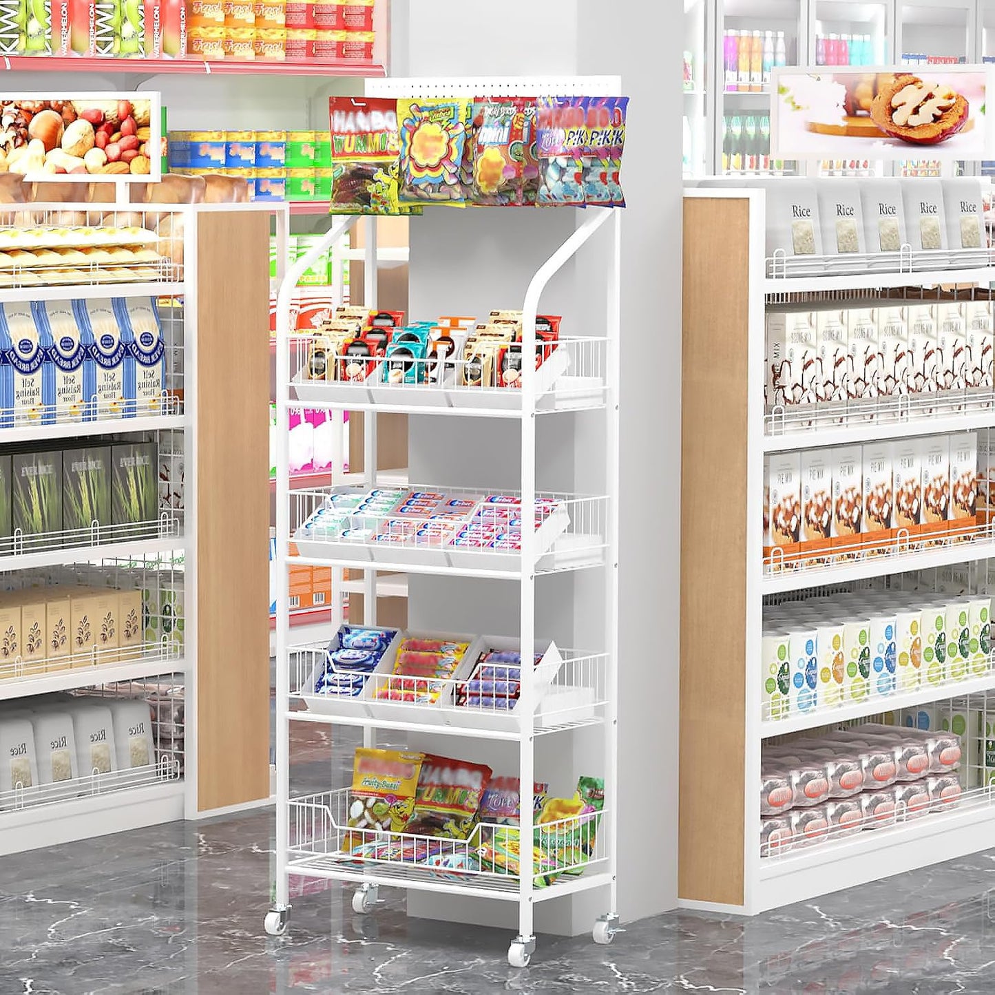 Qriocioa Retail Snack Display Rack 4-Tier White Metal Candy Potato Chip Metal Wire Display Shelf Brackets with Wheels & Hooks Multifunctional Snack Shelf Organizer for Pantry Kitchen, White