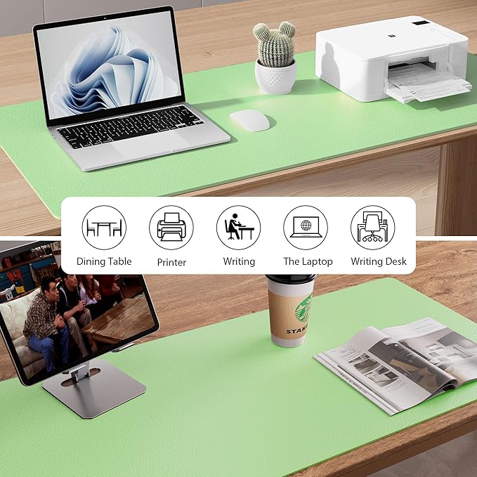 Aothia Faux Leather Desk Mat – Large Mouse Pad, Non-Slip PU Leather Blotter, Waterproof Writing Surface for Office and Home (Foam Green, 47.2" x 23.6")