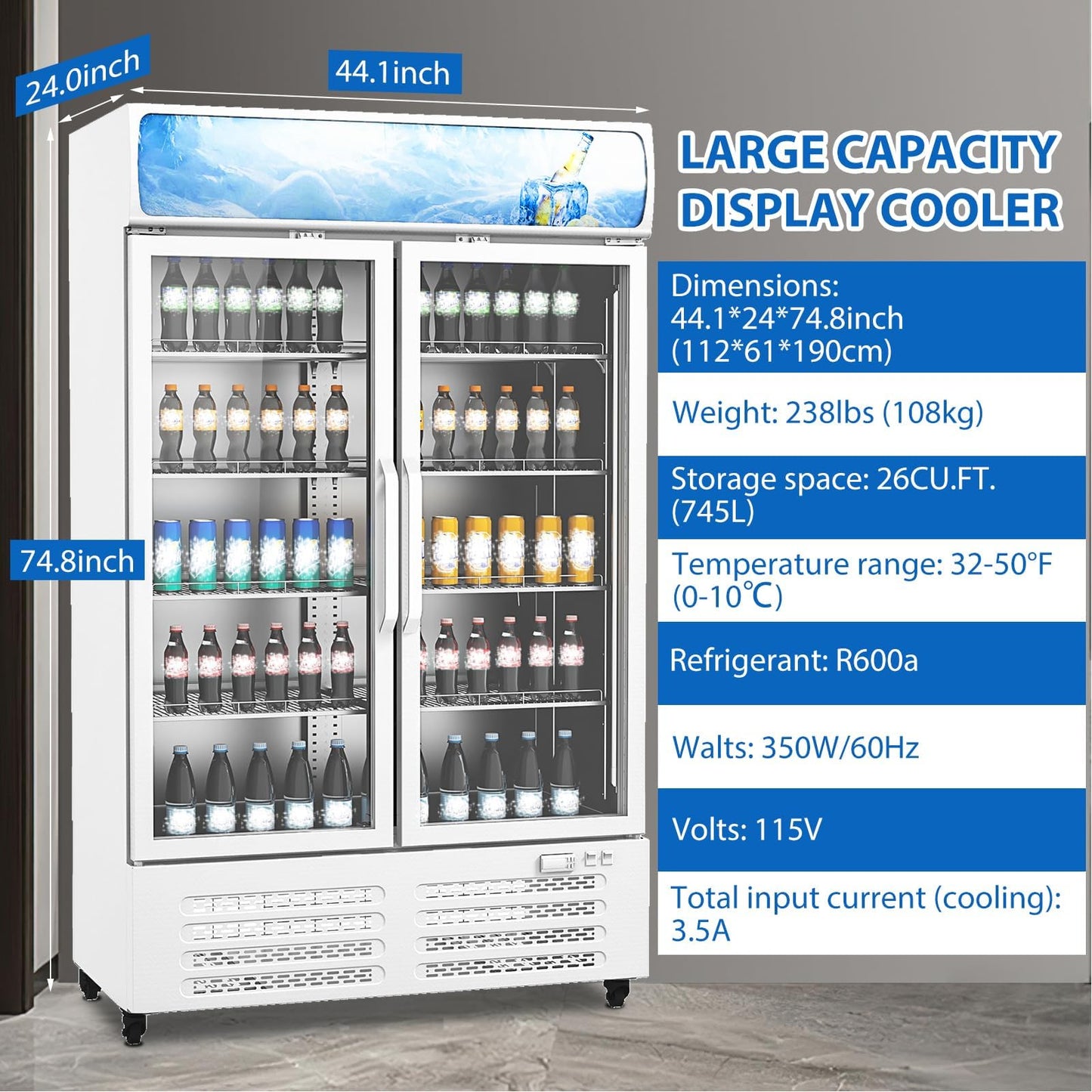 GarveeLife 26 Cu.Ft Commercial Display Refrigerator with Glass Door, LED Lighting, 8 Adjustable Shelves, Beverage Cooler Merchandiser Fridge for Restaurant Bar Cafe Convenience Store, Upright Cooler