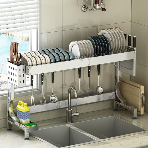 MINGLING Over Sink Dish Drying Rack Kitchen Dish Rack Over Sink Height & Width Adjustable Large Over Sink Dish Drainer Rack Full Stainless Steel (W21.2-37"~ H18.5-22" Silver)