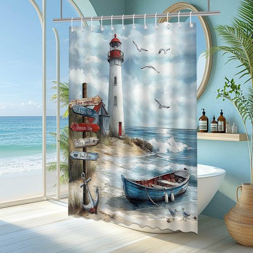 Mocsicka Nautical Coastal Shower Curtain Ocean Beach Lighthouse Bathroom Shower Curtain Seaside Nautical Coastal Waterproof Fabric Shower Curtains Bathtub Decor with 12 Hooks 72 X 72 Inch (Blue)