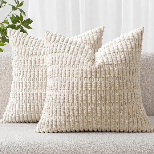 MIULEE Corduroy Decorative Throw Pillow Covers - Soft Boho Striped Design | 12x12 Inch Cream White for Sofa & Bed