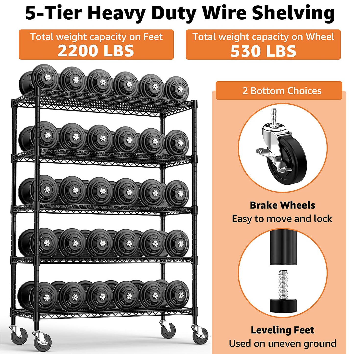 M MZG 53" W Garage Shelving 5 Tier Industrial 2200LBS Metal Shelving Units for Commercial, Basement, Pantry, Warehouse, School, Black Heavy Duty Easy Assembly 53.2" W x 23.6" D x 73.6" H