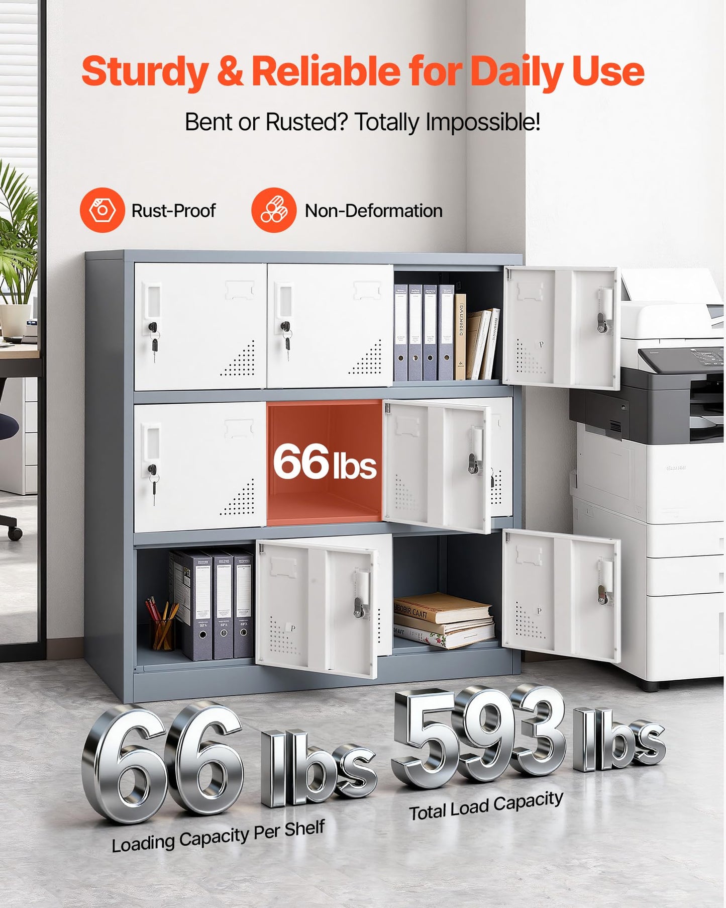 VEVOR 9 Doors Metal Locker for Employees, Steel Locking Storage Cabinet with Card Slot and Ventilation, 2 Keys for Each Door, Employee Lockers for Office, School, Gym, Home, Easy Assembly, Gray