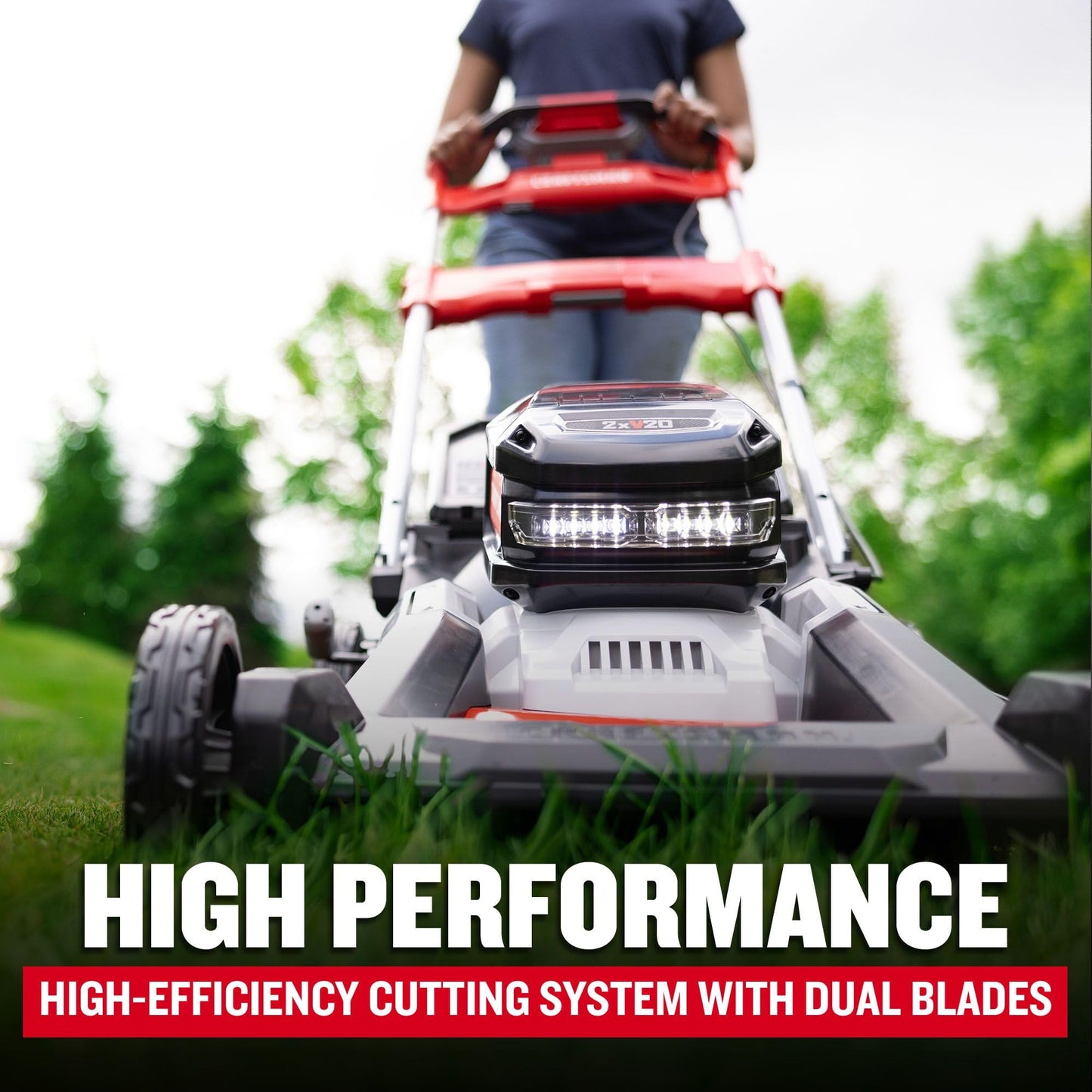 CRAFTSMAN V20 BRUSHLESS RP 21 in Rear Wheel Driver Mower, 2 x 9Ah Batteries and 2 Chargers Included, Up to 70 Min of Runtime, Self-Propelled, LED Headlights, Dual Blades (CMCMWSP320X2)