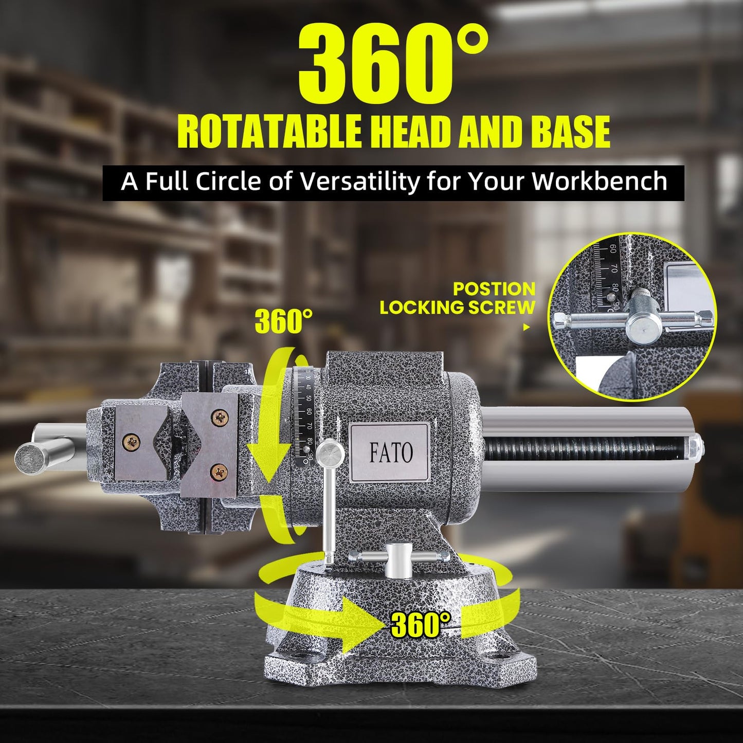 FATO 5 Inch Bench Vise Heavy Duty – Ductile Iron Workbench Vise with 360° Swivel Base & Anvil, 8800 Lbs Clamping Force, 4.92" Jaw Width, 3.94" Opening, for Woodworking, Metalworking, Garage DIY, Black