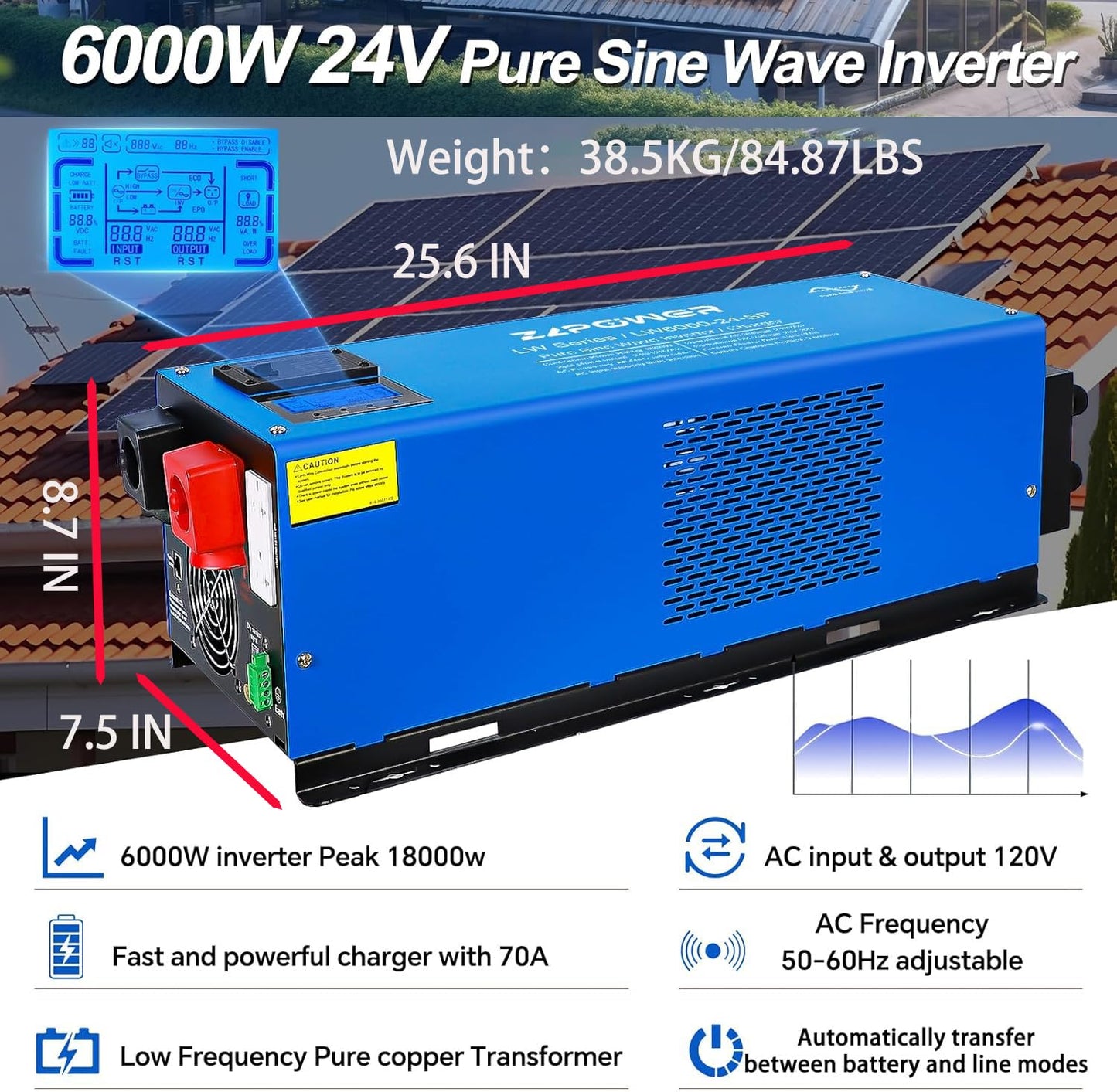 ZLPOWE 6000W 24V Inverter DC Pure Sine Wave 18000W Peak Low Frequency Off-Grid Solar Inverters 240Vac Input 120Vac/240Vac Output Split Phase with Battery Charger LCD Display for RVs Home