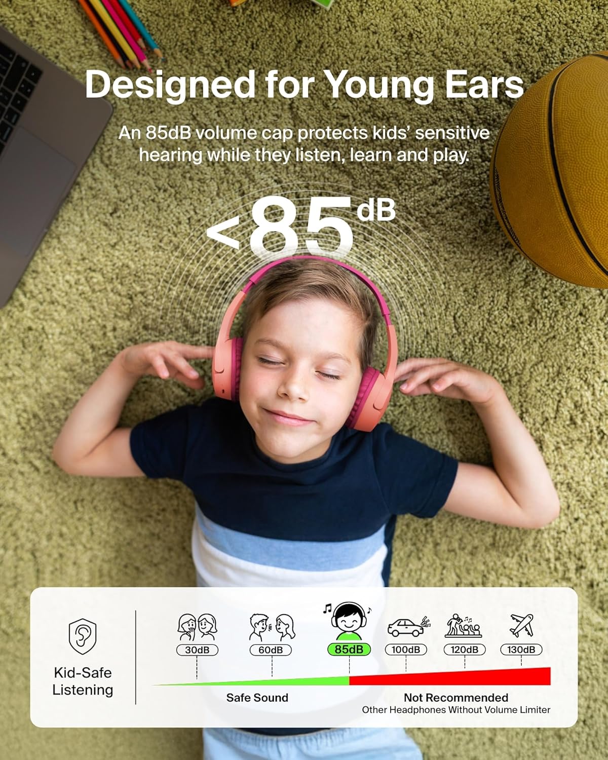 30H 85dB Belkin SoundForm Mini - Wireless Bluetooth Kids Headphones, Battery, Safe Volume Limit, Built-in Microphone