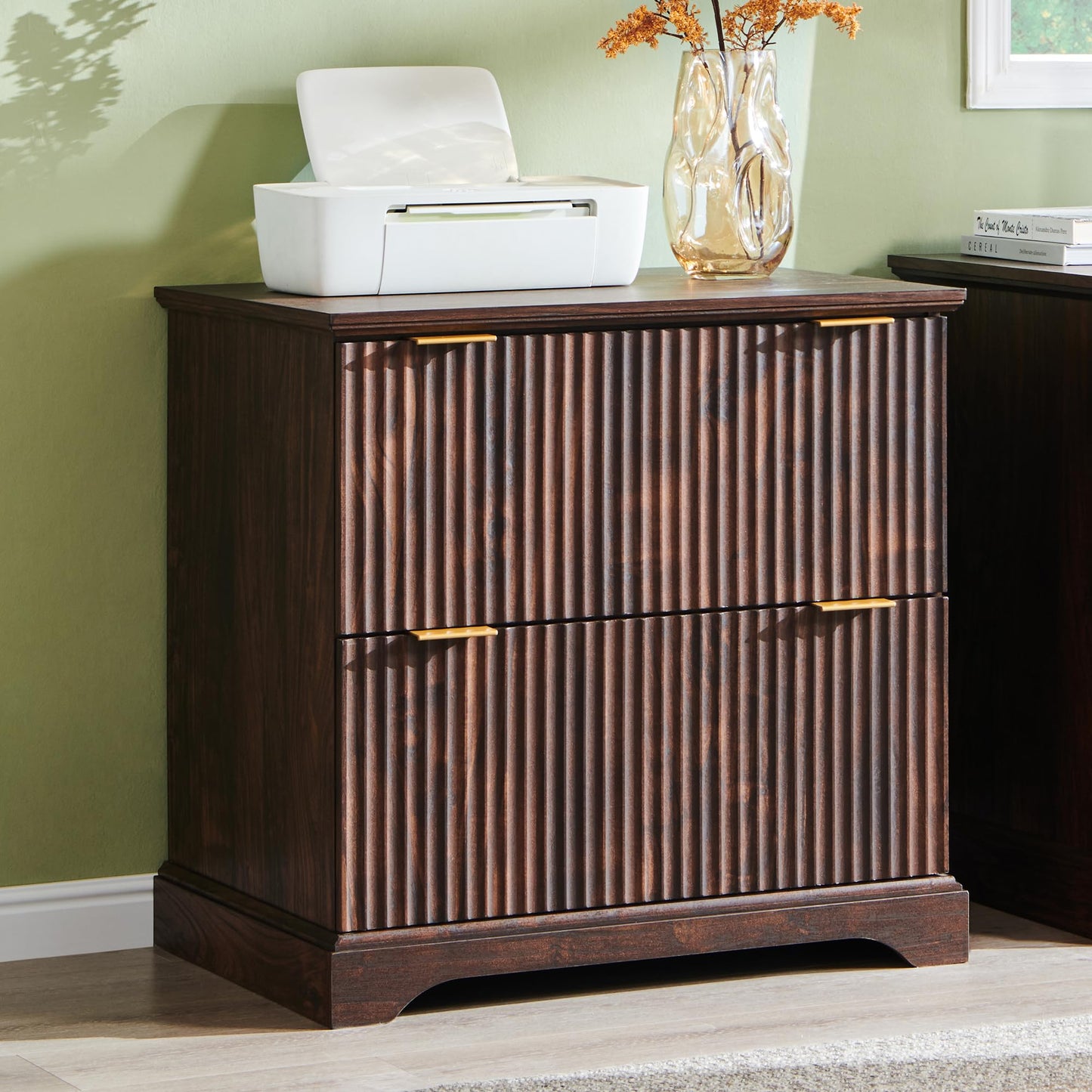 JXQTLINGMU 2 Drawer File Cabinet with Charging Station, 30" Fluted Lateral File Cabinet w/Files Hanging Rod for Letter/Legal/A4, Large Tabletop for Printer, Office Wood Printer Cabinets, Dark Walnut