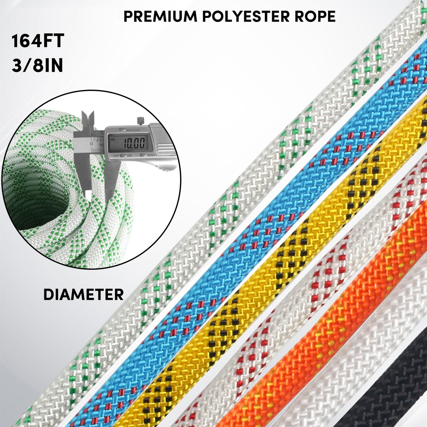 VEITHI 3/8 inch x 164 ft Braid Polyester Rope,Arborist Rigging Rope 3520lbs Breaking Strength Strong Pulling for Climbing,Camping,Sailing,Swings, etc. (White-Green)