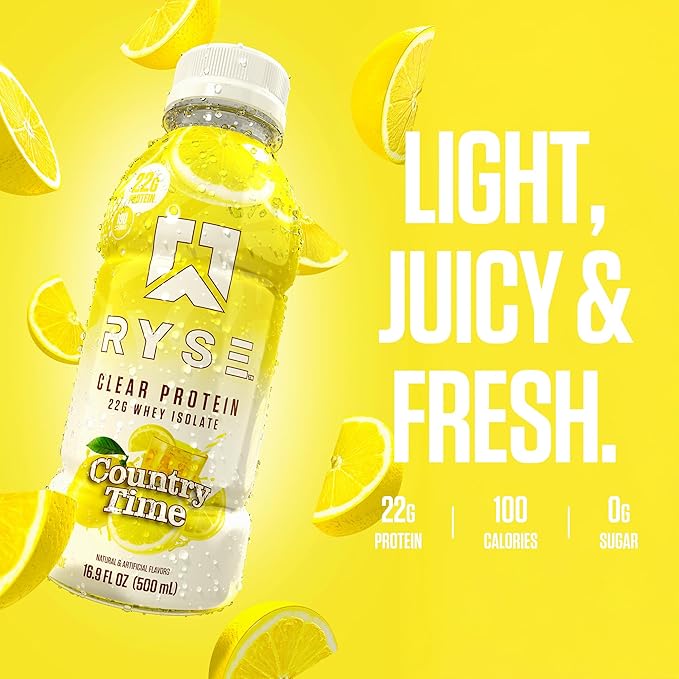 RYSE Clear Protein Shake - Country Time Lemonade - 100 Calories, 22g Whey Isolate Protein, Sugar-Free, 0g Fat & Lactose-Free - Refreshing Ready-to-Drink Beverage - 16.9 fl oz Bottles (12-Pack)