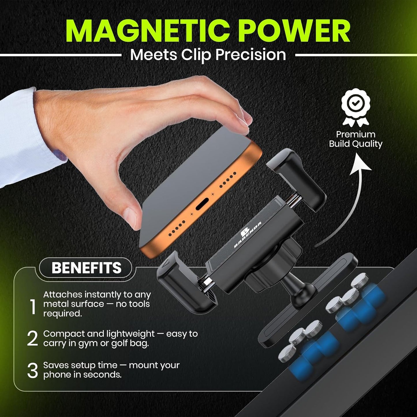 BARENDA N52 Magnetic Phone Holder for Gym with Magnet and Secure Clip, Strong Magnetic Phone Mount for All Phones