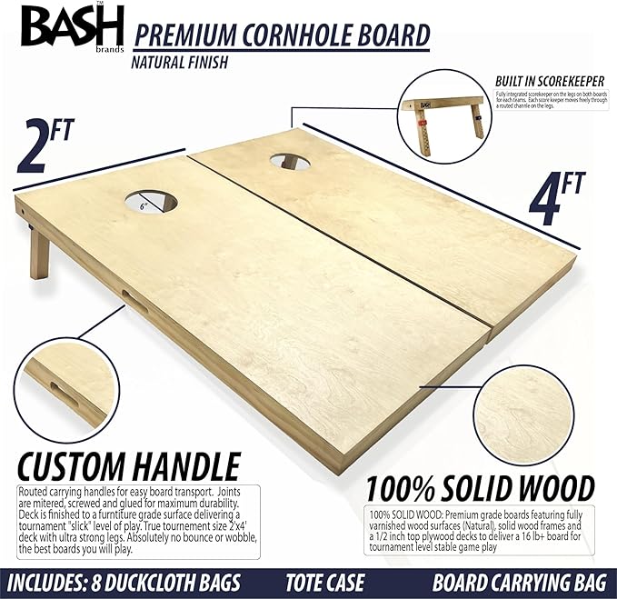 Regulation Solid Wood Cornhole Boards 2'x4' -Choose Between Commercial Grade No Bounce (Cherry Color, NO Bags) or Premium Grade (Natural and Includes 8 Cornhole Bags and Carrying Bag)