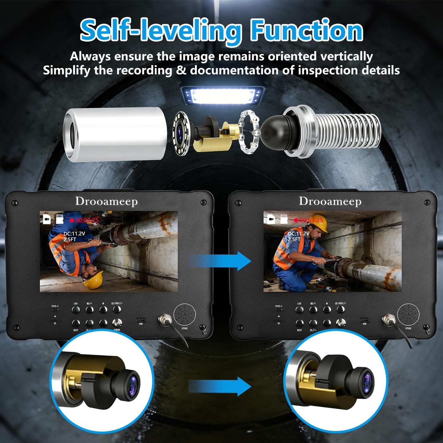 Drooameep Sewer Camera 100ft, Self Leveling Drain Camera, Plumbing Camera with 512Hz Sonde, Video & Voice Recorder, 3X Zoom, 9" Screen, 10000mAh, IP68, 32GB, 8 LED, for Drain Sewer Duct Plumbing